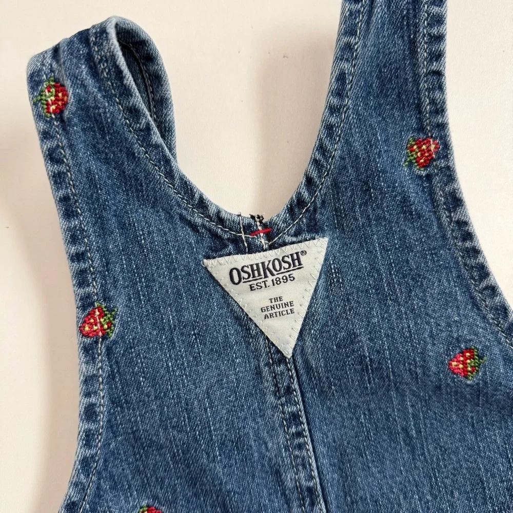 Vintage Y2K OshKosh B'gosh Denim Dress Overalls Embroidered Strawberries Blue